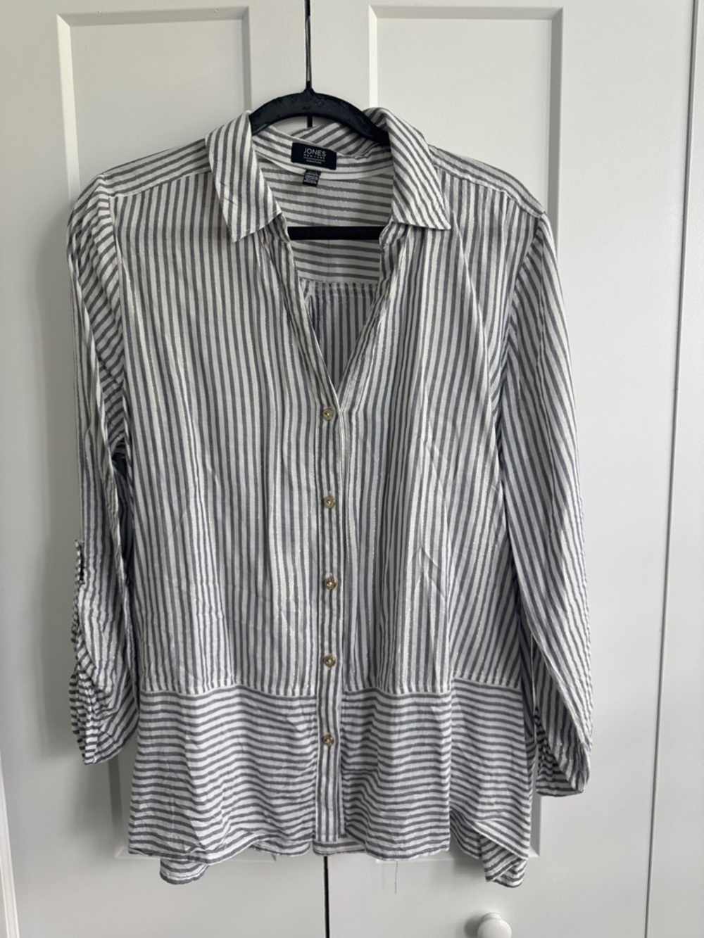 Jones New York Grey & White Striped Button-Up Blouse